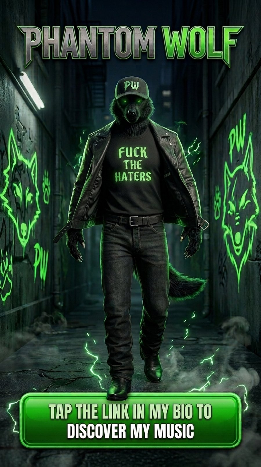 Phantom Wolf standing in an alley, lit in green